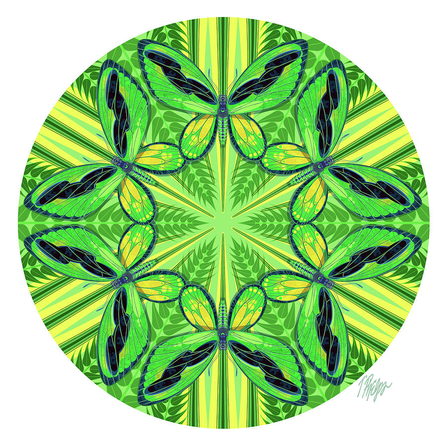 Green and Yellow Birdwing Nature Mandala Digital Art by Tim Phelps