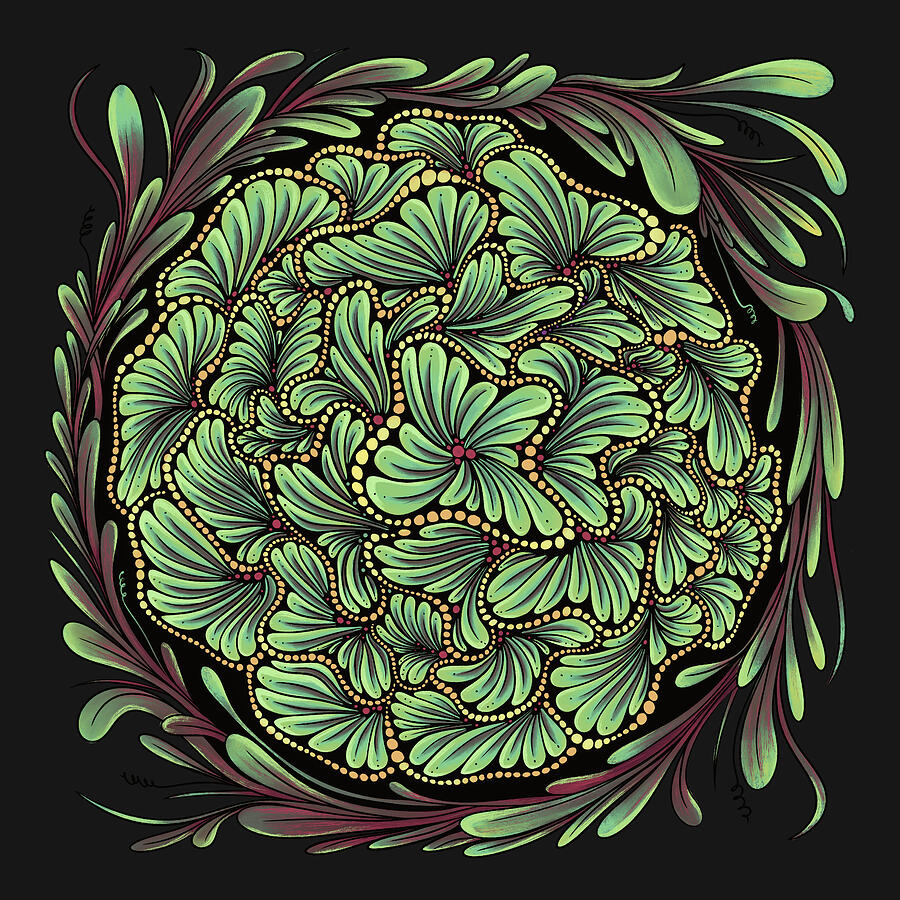 Green And Yellow Floral Pattern Design, Mandala Inspired Digital Art