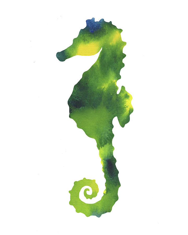 Green And Yellow Seahorse Watercolor Silhouette Painting