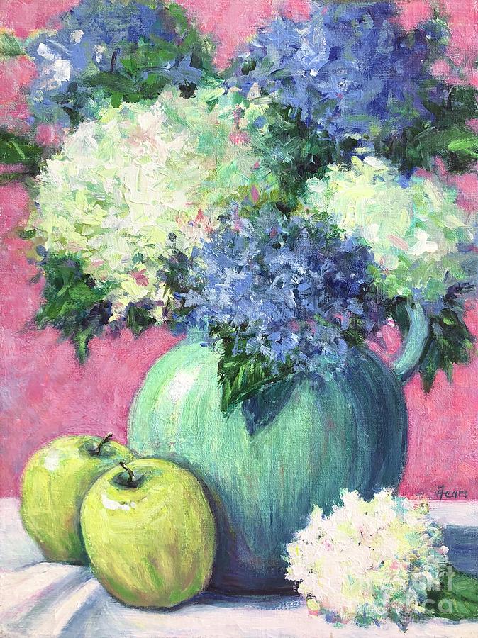 Green Apples and Hydrangeas Painting by Vickie Fears