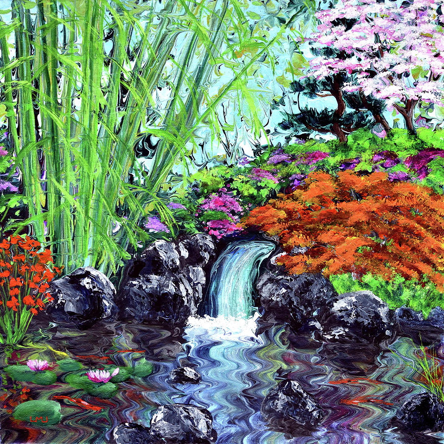 Green Bamboo by a Waterfall Painting by Laura Iverson