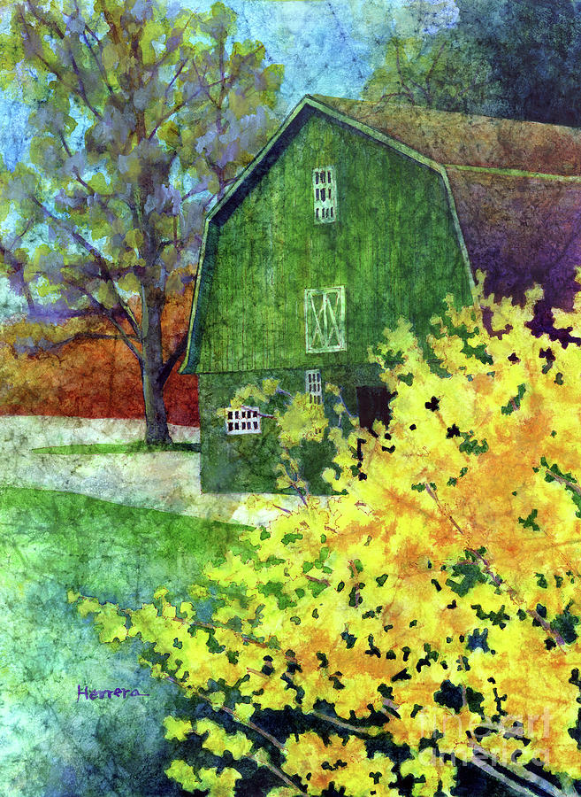 Tree Painting - Green Barn - pastel colors by Hailey E Herrera