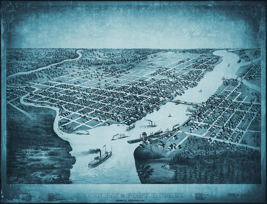 Vintage Photograph - Green Bay and Fort Howard Wisconsin Vintage Map Birds Eye View 1867 Blue by Carol Japp