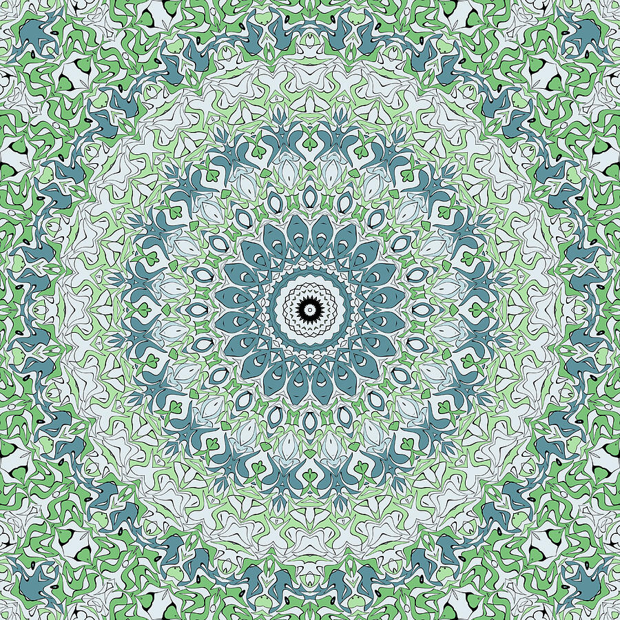 Green Blue Gray Coastal Mandala Kaleidoscope Medallion Digital Art by Mercury McCutcheon