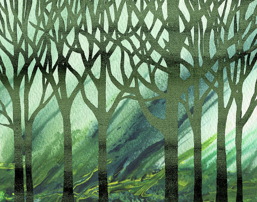 Into The Woods Painting - Green Breeze In The Forest Watercolor Silhouette Decor by Irina Sztukowski