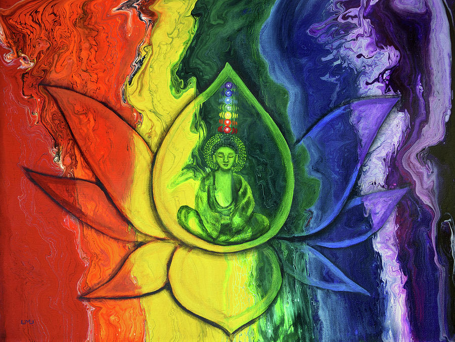 Green Buddha in Rainbow Lotus Pond Painting by Laura Iverson