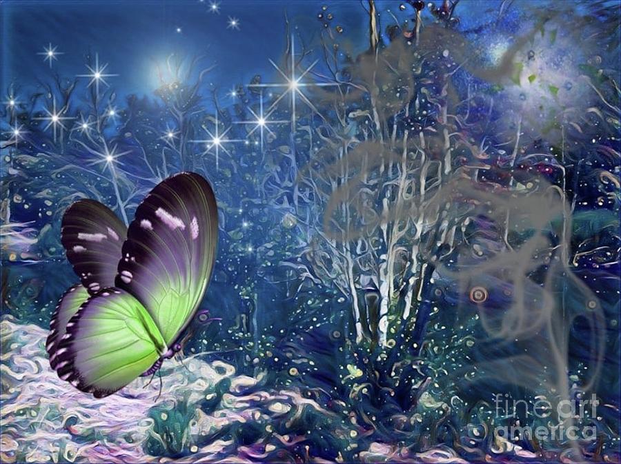 Green Butterfly in the Night Mixed Media by Susanne Baumann