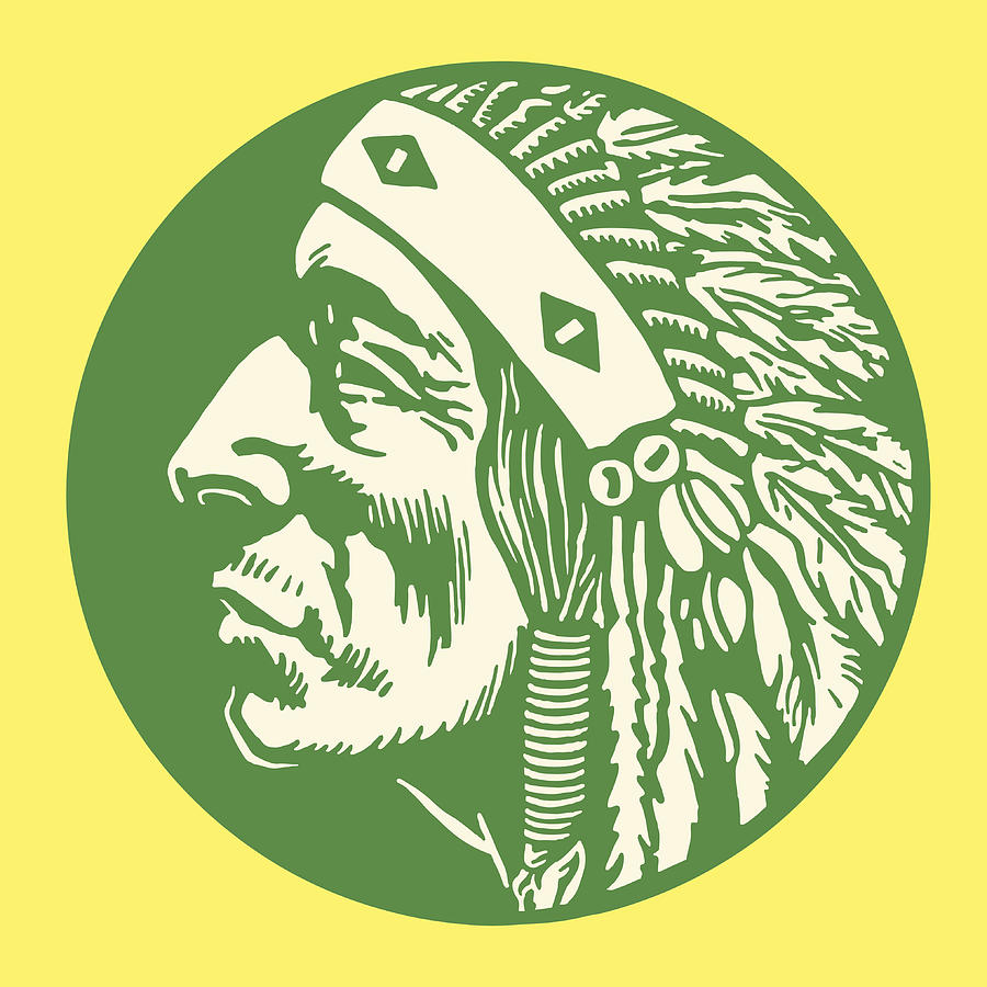 Green, circular image with green Native American man profile Drawing by CSA-Archive