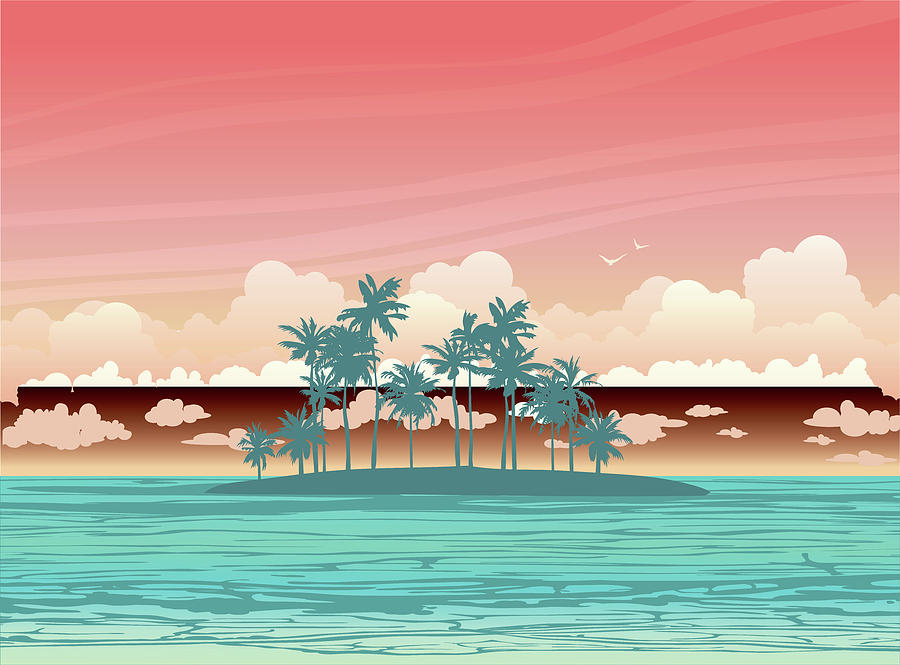 Sunset Drawing - Green coconut island ans sea on a sunset sky with clouds. tropical seascape illustration.  by Julien
