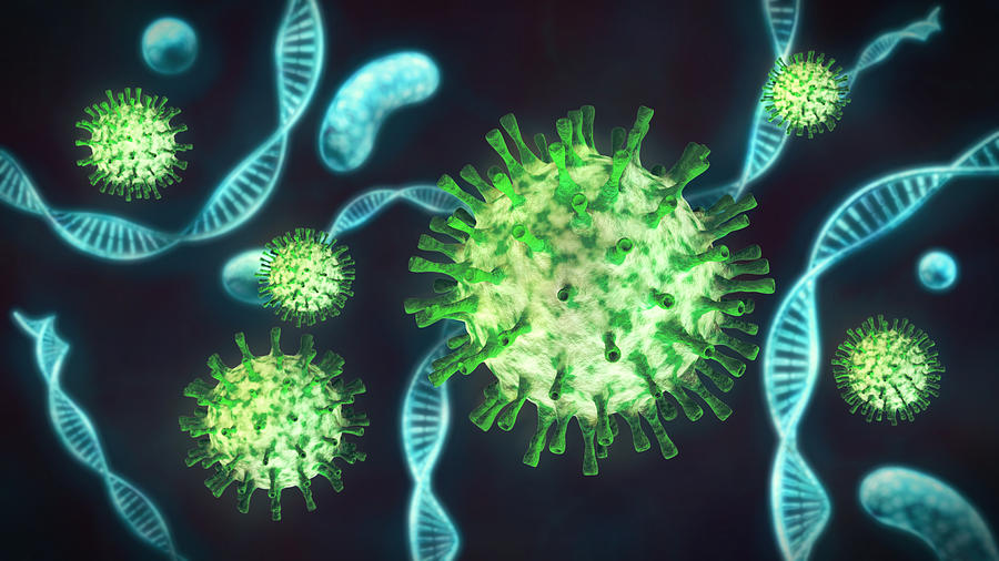 Green Coronavirus cells with DNA extreme close up on dark background Photograph by Matejmo