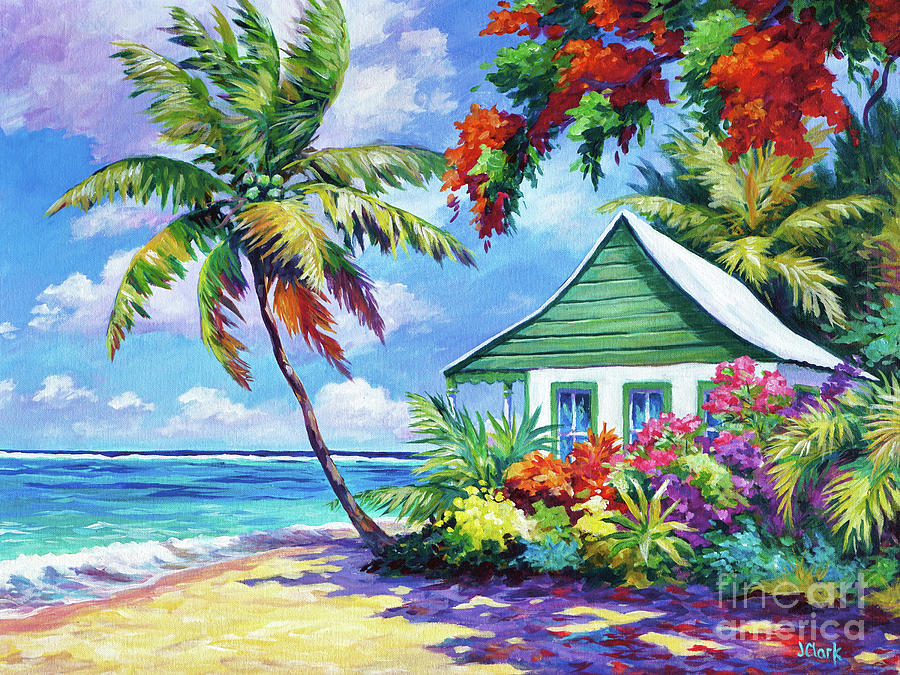 Green Cottage On The Beach Painting