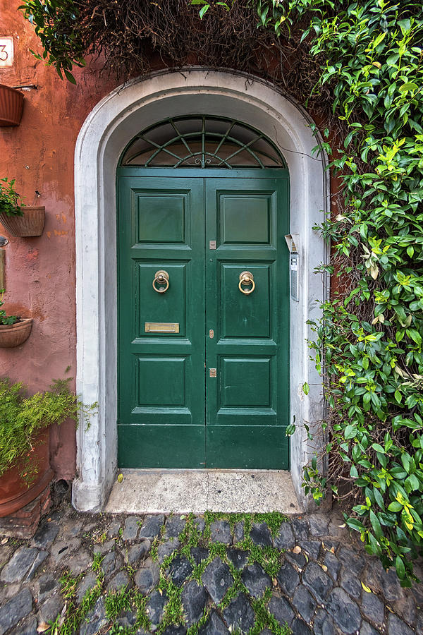 Green Door On The Old Red Wall Of The House. Rome, Italy. Photograph