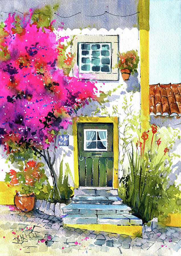 Green Door With Bougainvillea Portugal Painting Painting by Dora Hathazi Mendes