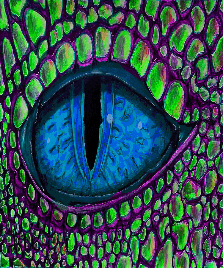 Spiky Green Dragon Eye Mixed Media Art