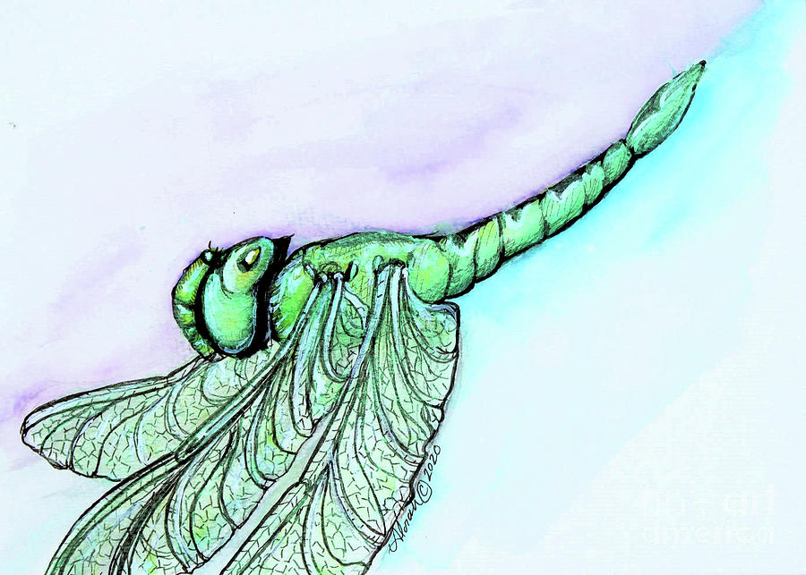 Green Dragonfly Painting by Lora Tout