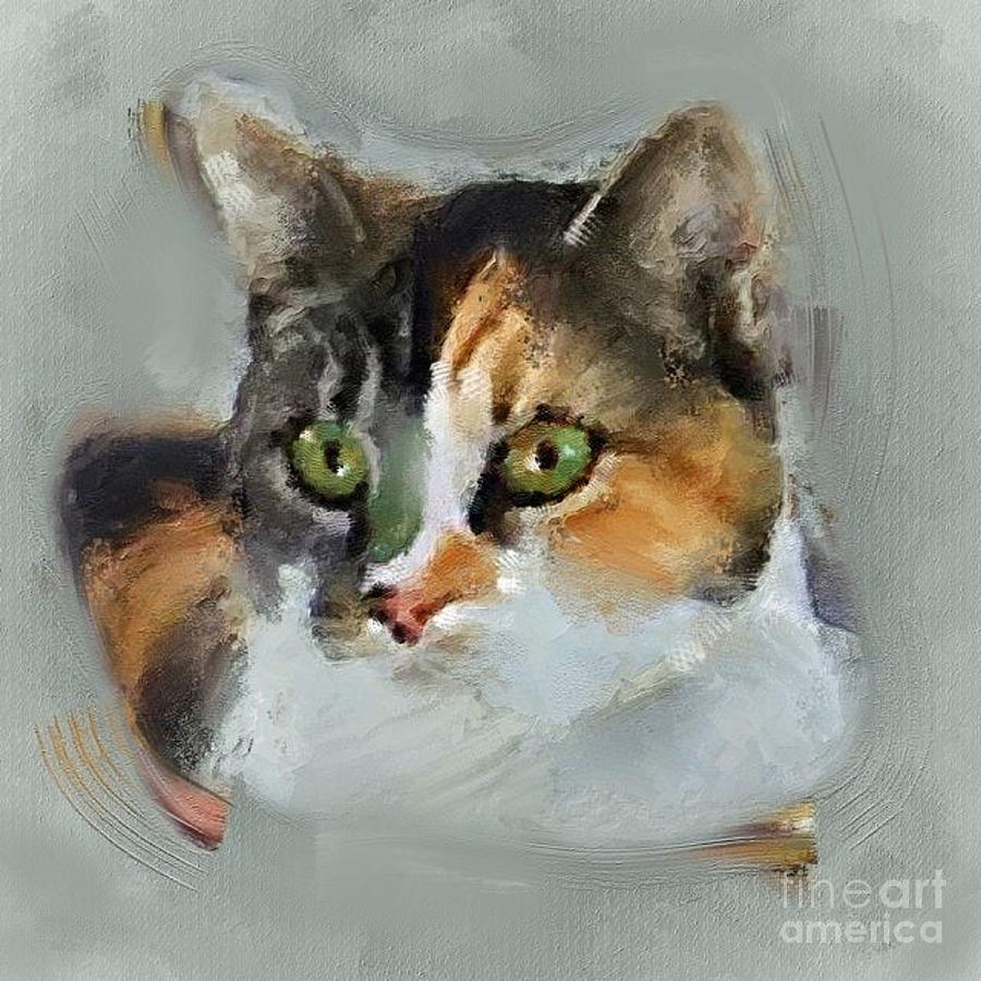 Green Eye - cat painting Mixed Media by Vesna Antic