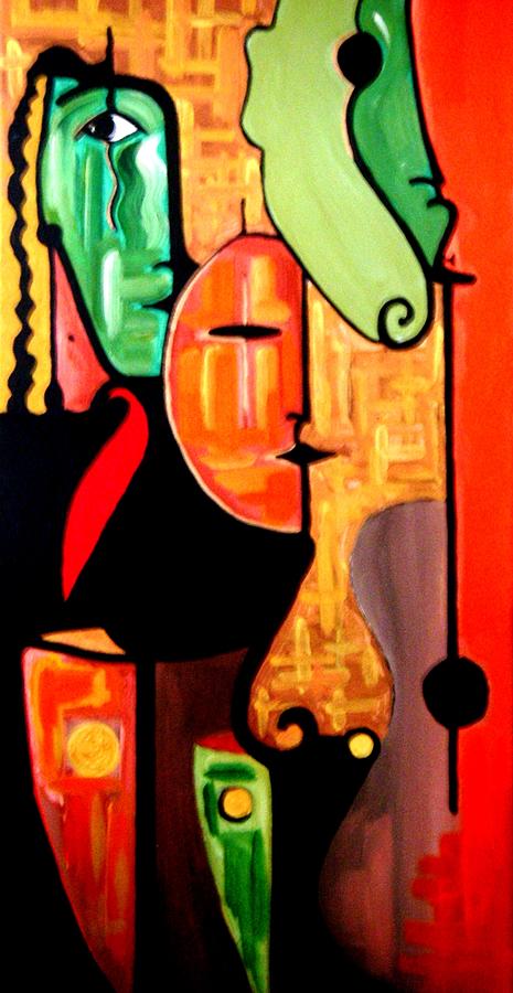 Music Theme Digital Art - Green Face Orange Trio by Bodo Vespaciano