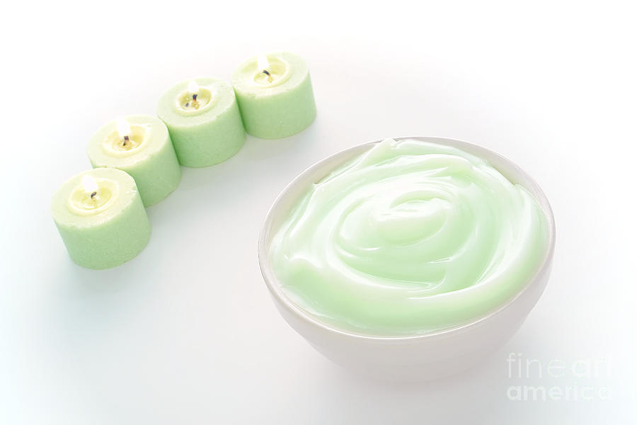 Bowl Photograph - Green Facial Treatment Cosmetic Cream and Candles by Olivier Le Queinec