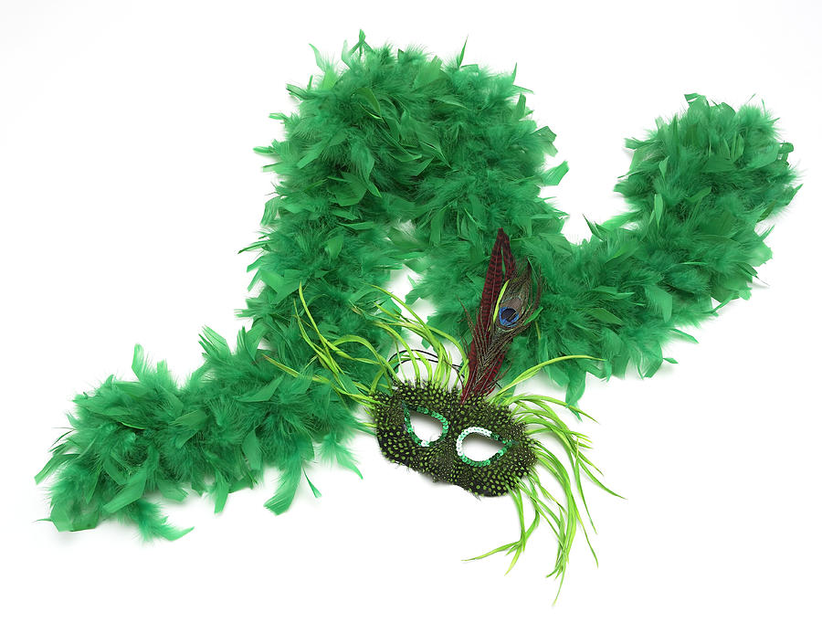 Green feather boa and mask, close-up Photograph by Mark Weiss