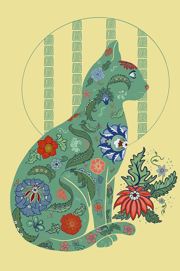 Green Floral Cat Digital Art by Peggy Kahan