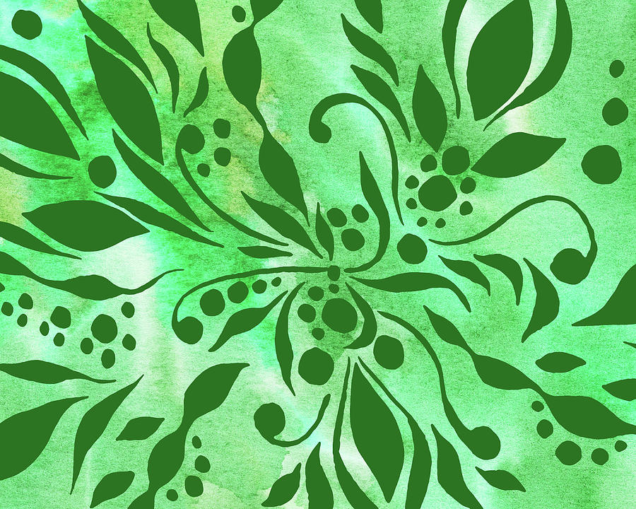 Green Floral Design With Leaves Berries Flowers Pattern  Painting by Irina Sztukowski