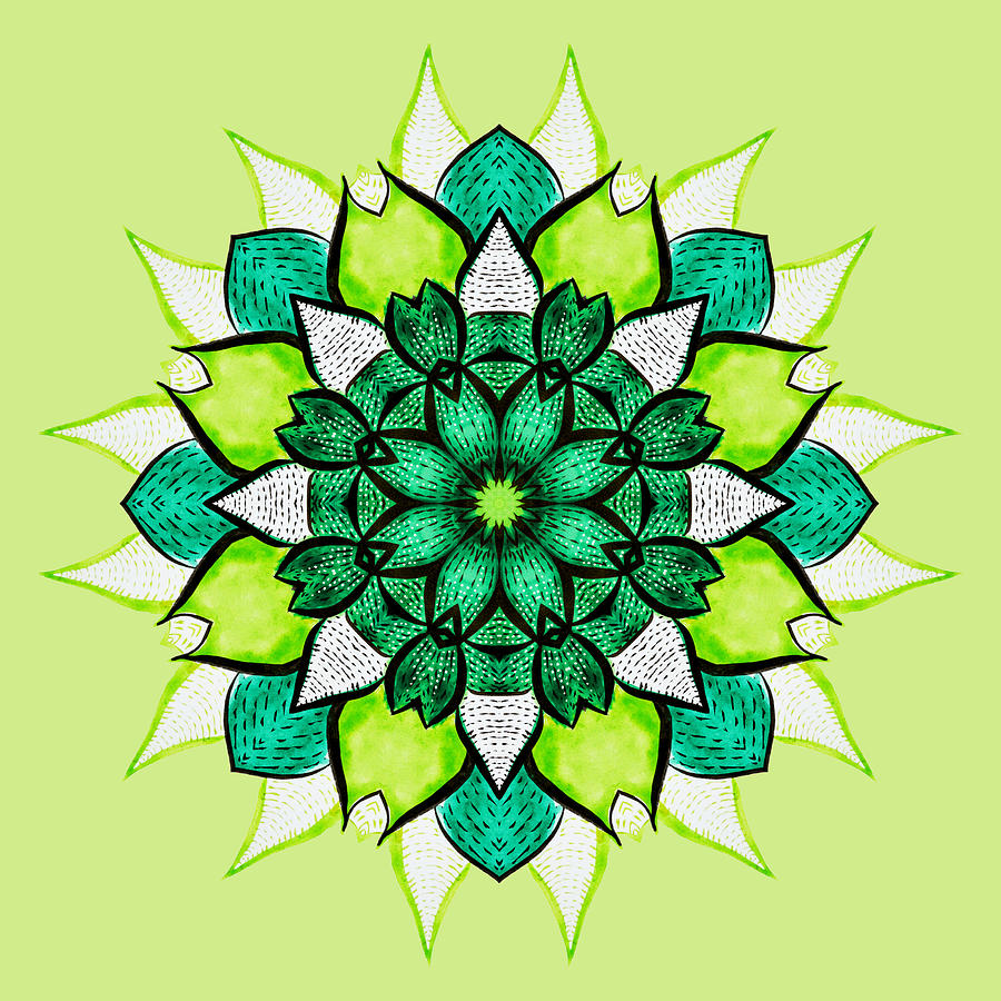 Green Floral Mandala With Abstract Green Flower Digital Art
