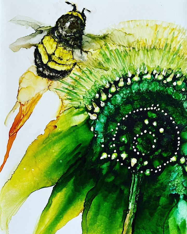 Green flower, Bee Painting by Joyce Clark