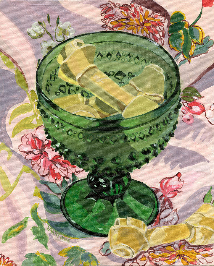 Green glass bowl with bones Painting by Jane Dunn Borresen