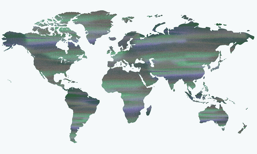 Green Gray Purple Glow Watercolor World Map  Painting by Irina Sztukowski