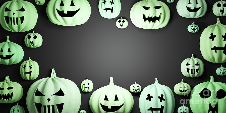 Green Halloween Pumpkins On Black Background Photograph