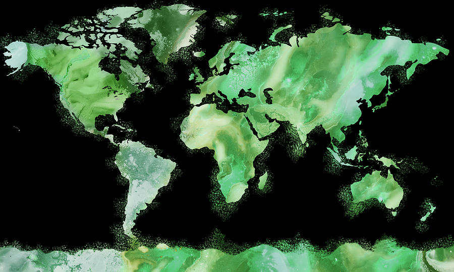 Green Happy World Map Watercolor Silhouette On Black  Painting by Irina Sztukowski