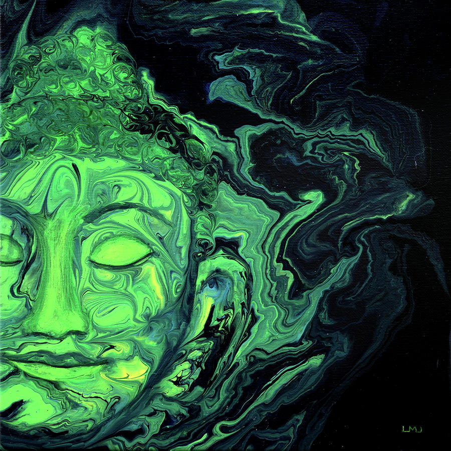 Green Heart Space Buddha Face Painting by Laura Iverson