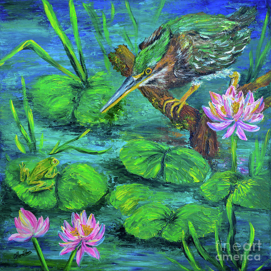 Green Heron and Frog Painting by Olga Hamilton