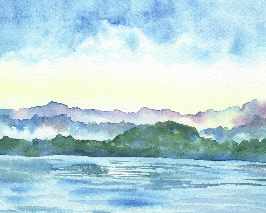 Green Hills Far Far Away Watercolor River Painting by Irina Sztukowski