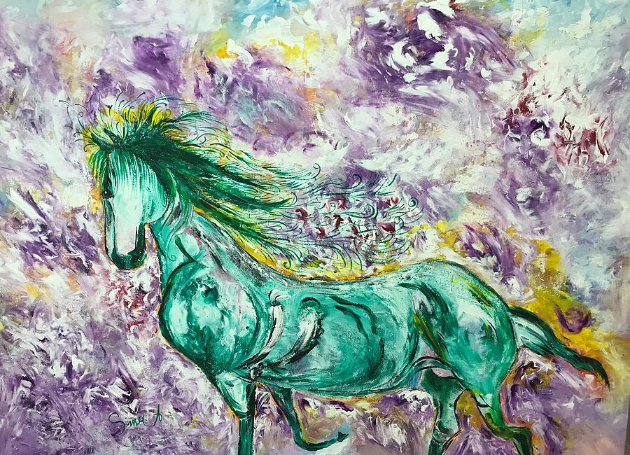 Abstract Painting - Green Horse by Sima Amid Wewetzer