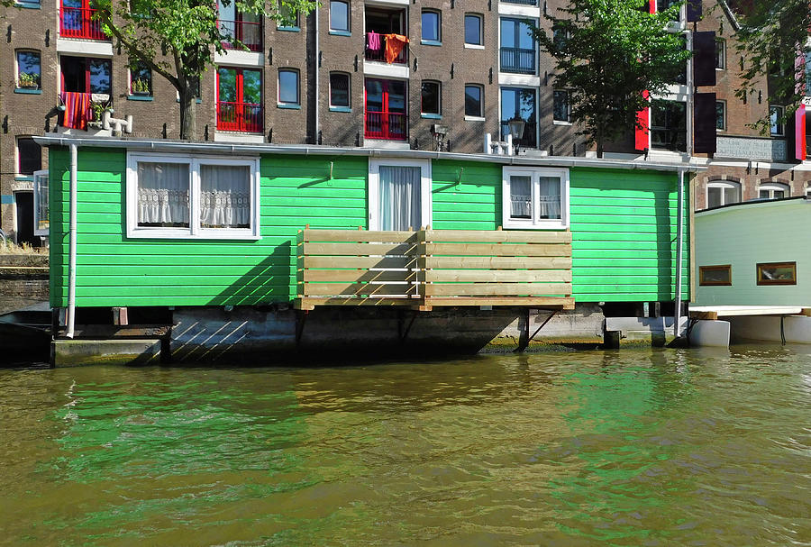 Green Houseboat In Amsterdam Photograph