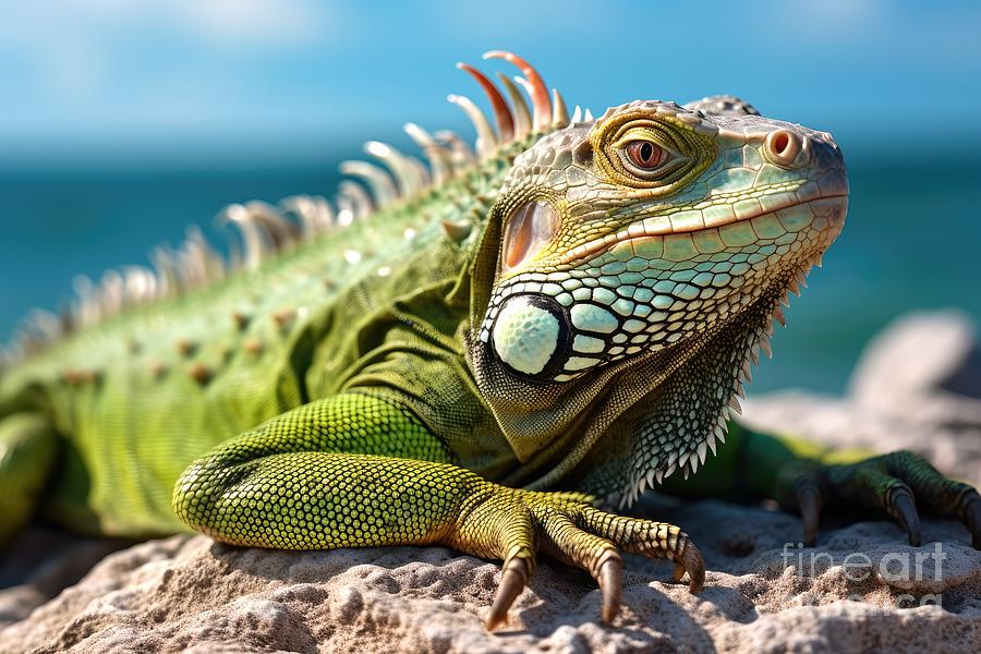 Green Iguana Sunbathes On Rock Pyrography by Simone Edward Artwork Green Iguana Sunbathes On Rock Pyrography by Simone Edward Artwork