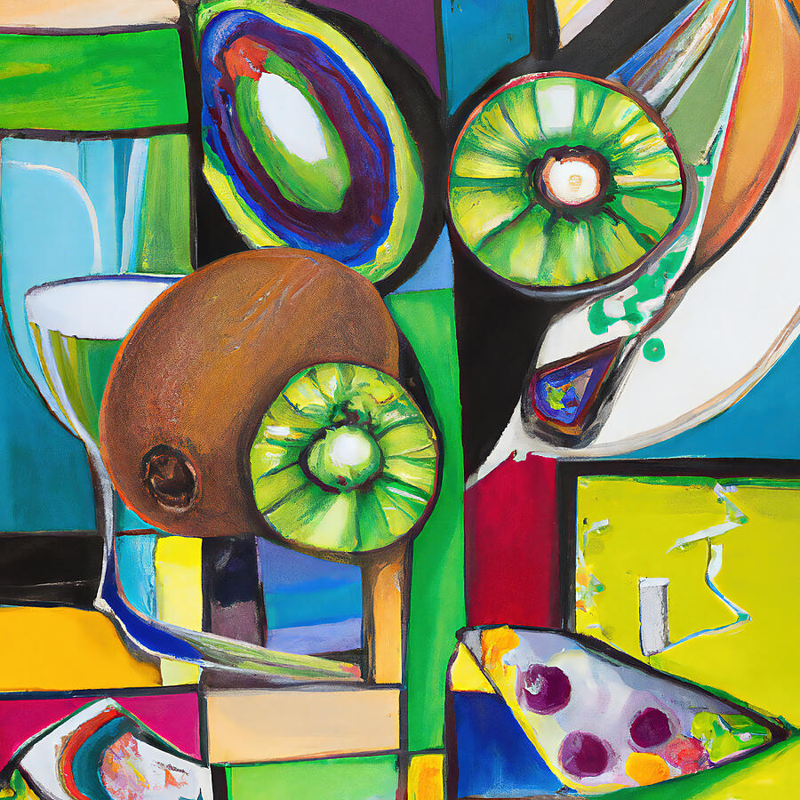 Abstract Painting - Green Juicy Fresh Kiwi Fruit Slices - Funky Geometric Abstract by StellArt Studio