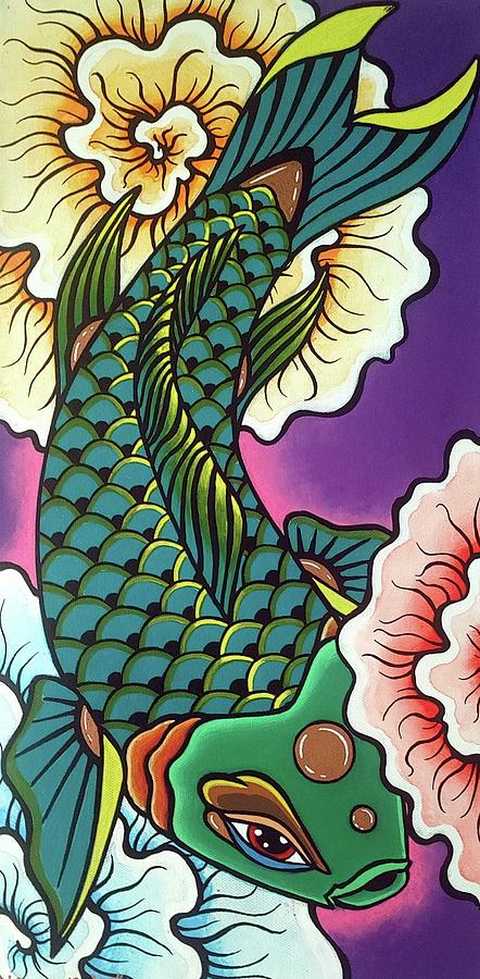 Green Koi fish with Thought Flowers  Painting by Bryon Stewart