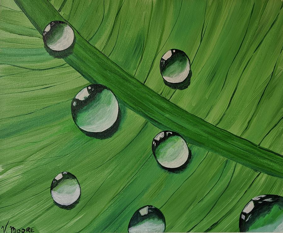 Green Leaf Rain Drops Painting