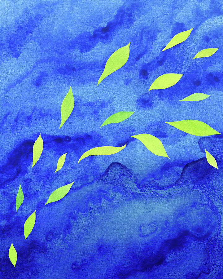 Green Leaves Flow On Blue Watercolor  Painting by Irina Sztukowski