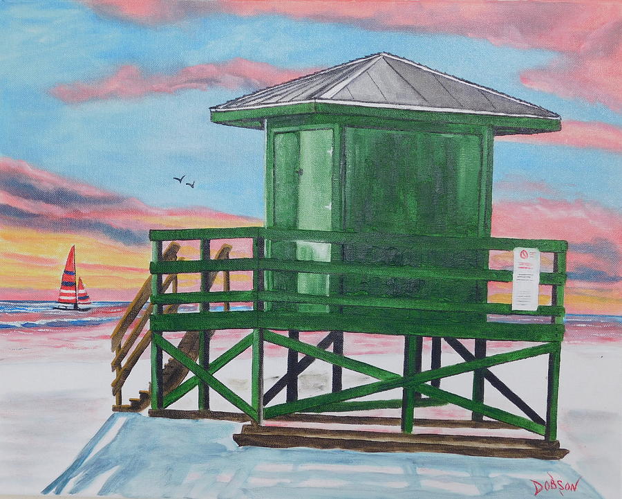 Green Lifeguard Stand On Siesta Key Beach Painting by Lloyd Dobson