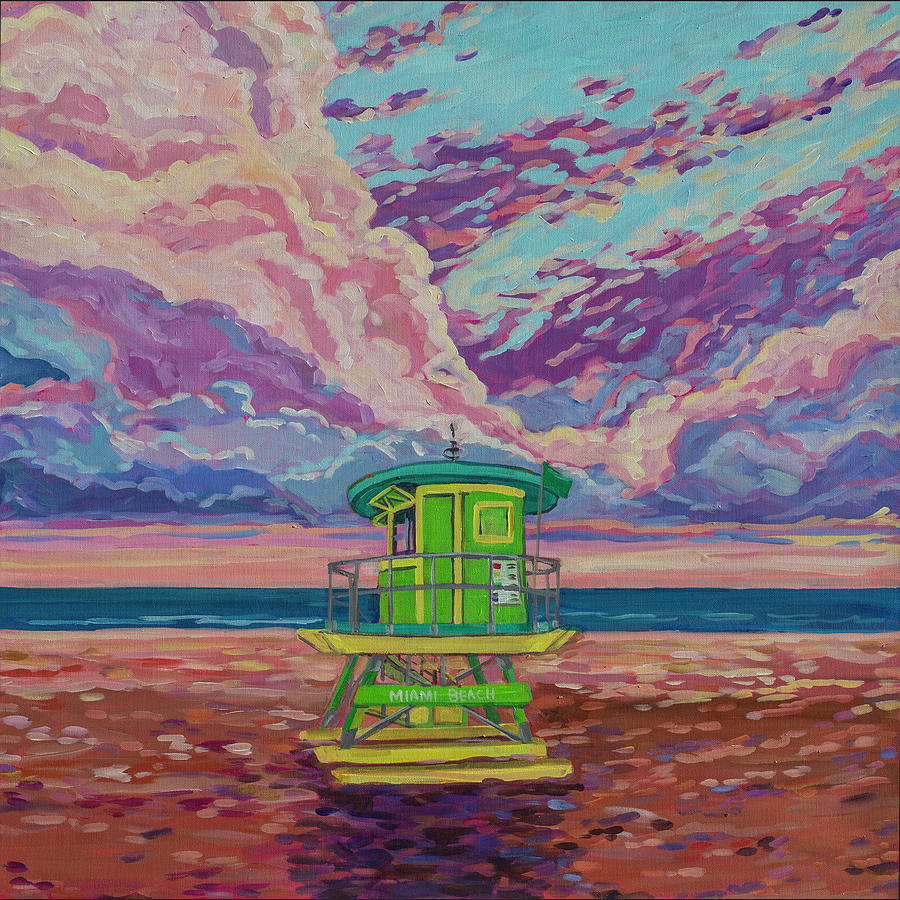 Green lifeguard station-Miami Beach Painting by Heather Nagy