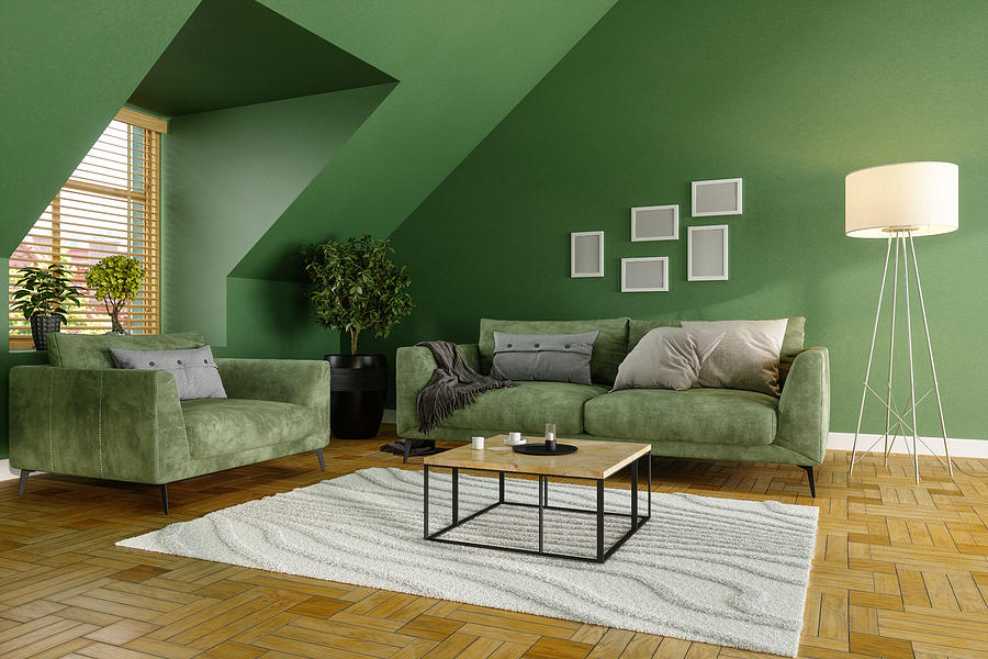 Green Living Room With Green Sofa, Coffee Tables and Plants Photograph by Onurdongel