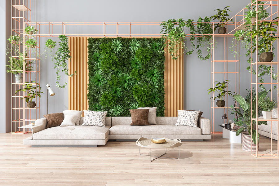 Green Living Room With Vertical Garden, House Plants, Beige Color Sofa And Parquet Floor Photograph by Onurdongel