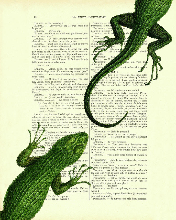 Dragon Digital Art - Green lizards on antique french book page by Madame Memento