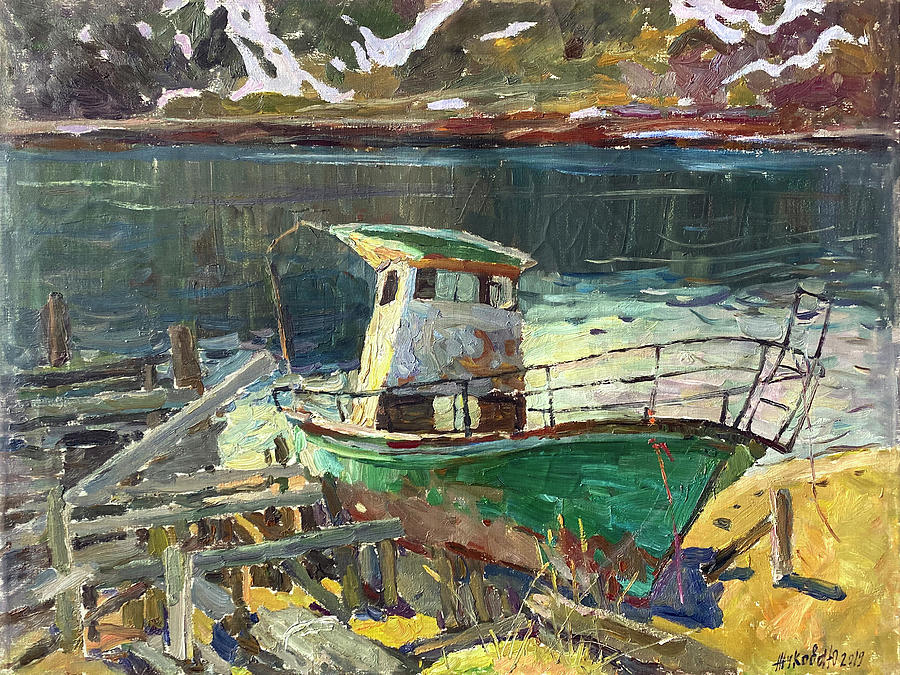 Green longboat  Painting by Juliya Zhukova