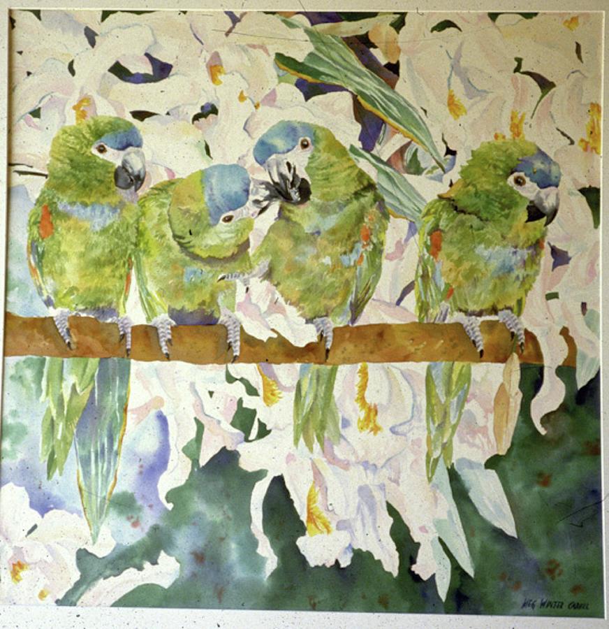 Bird Painting - Green Love Birds by Meg Winter