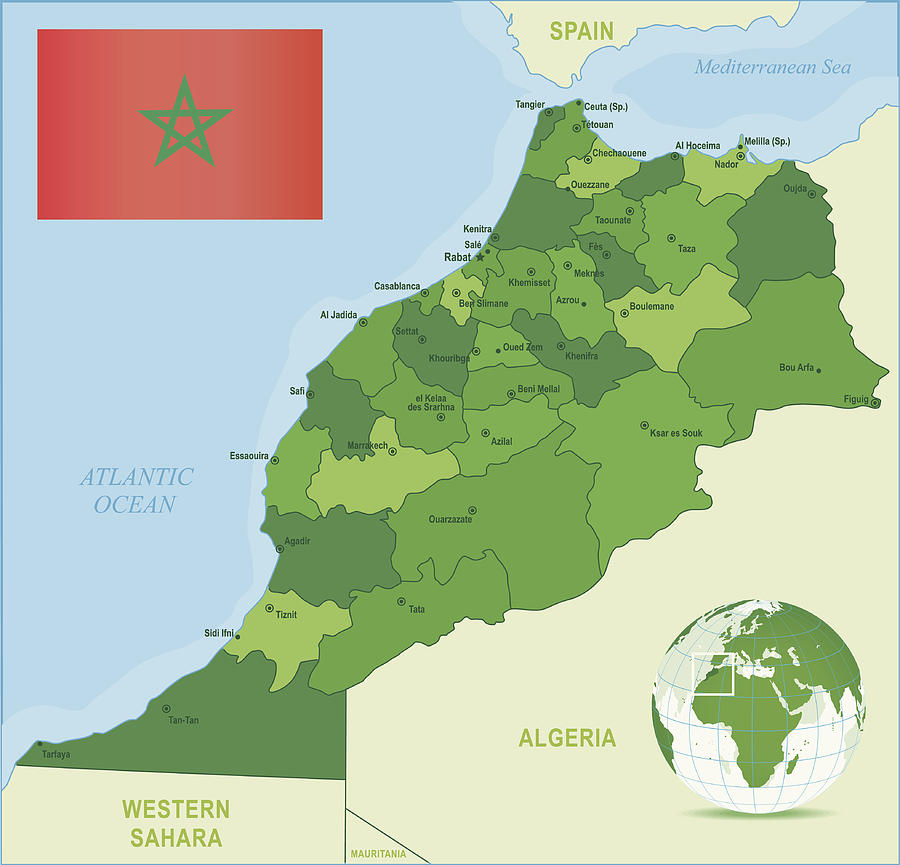 Green Map of Morocco - states, cities and flag Drawing by Pop_jop