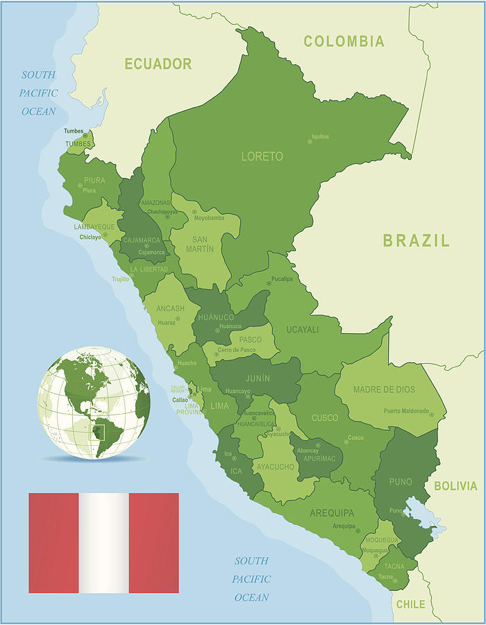 Green Map of Peru - states, cities and flag Drawing by Pop_jop